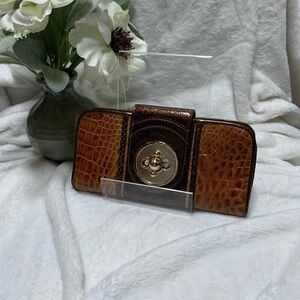 Brown Crocodile Embossed Clutch with Gold Accent